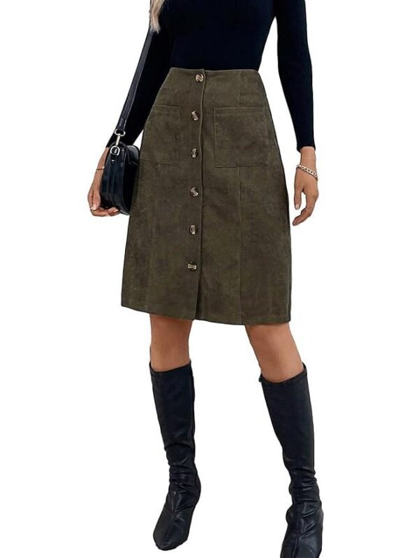 Women’s High Waist Button Front Corduroy Midi Skirt Casual Skirts
