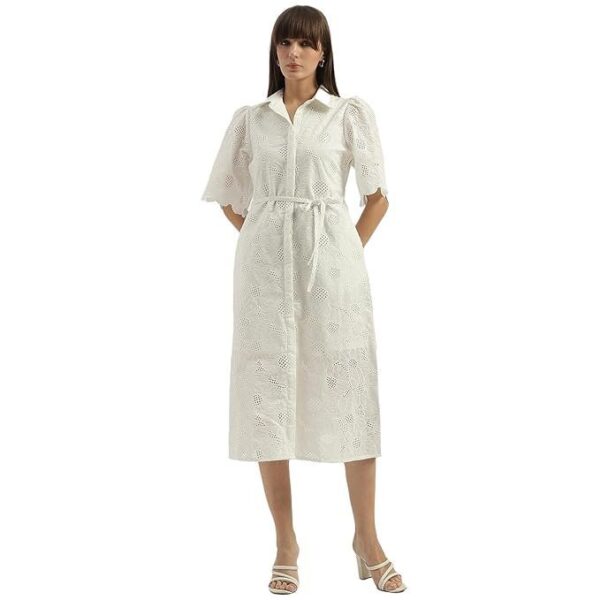 Women Spread Collar Schiffli Embroidered Shirt Dress