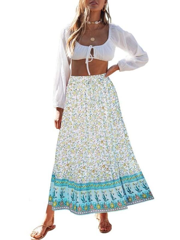 Women’s 2023 Bohemian Floral Printed Elastic Waist A Line Maxi Skirt with Pockets, Lake Blue, Small
