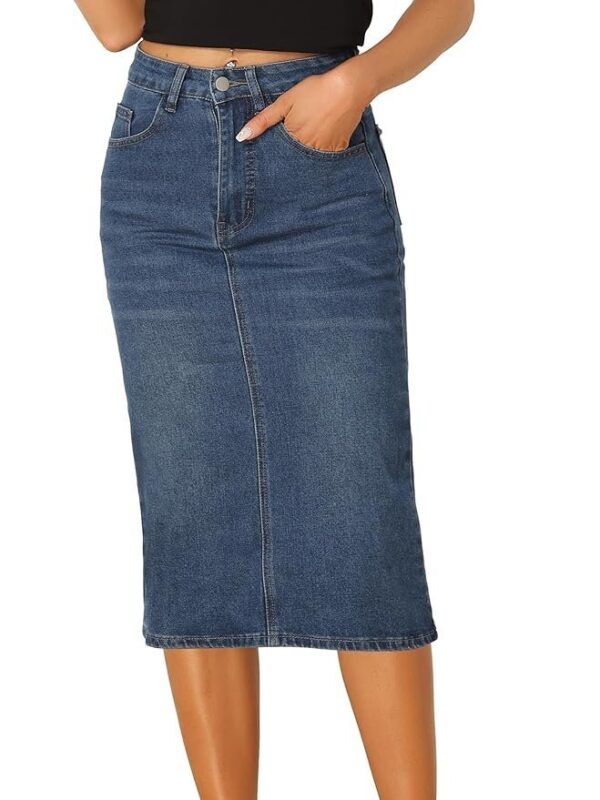 Casual Denim Skirt for Women’s High Waist Split Back Pockets Midi Jean Skirts