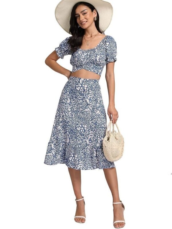 Women’s 2 Piece Outfits Floral Self Tie Knot Crop Top and Midi Skirt Set, 2#blue, Small