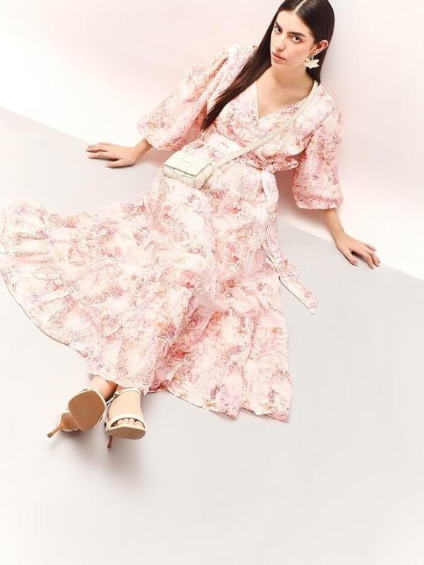 Women Floral Print Bishop Sleeve Layered Fit & Flare Maxi Dress