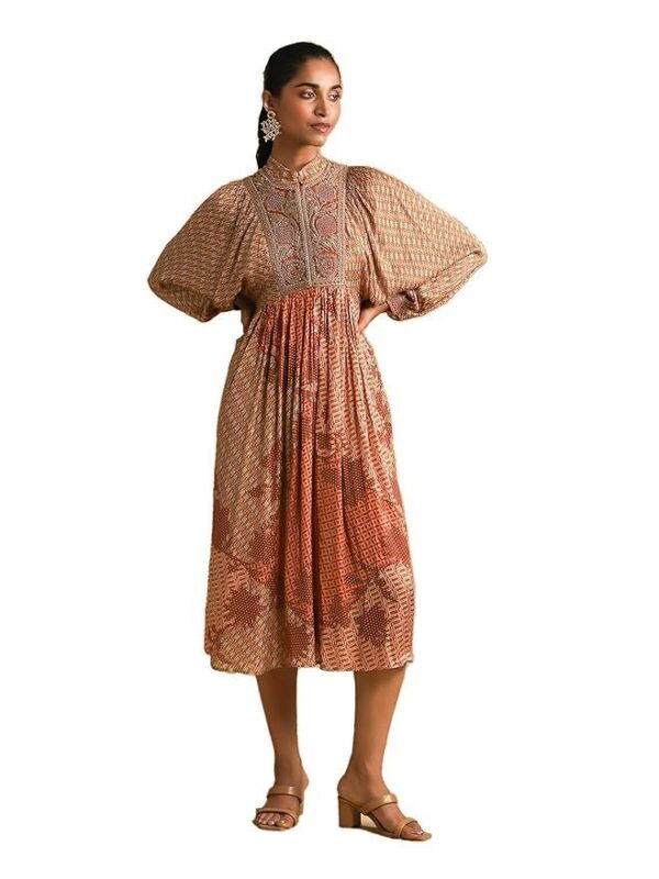 Women Rust Micro Print Embroidered Dress