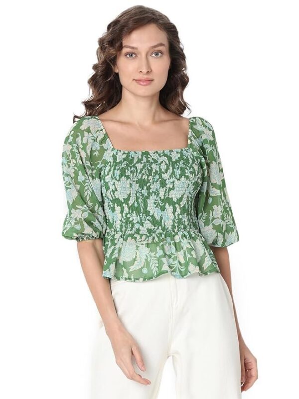 Floral Printed Puff Sleeve Cinched Waist Crop Top