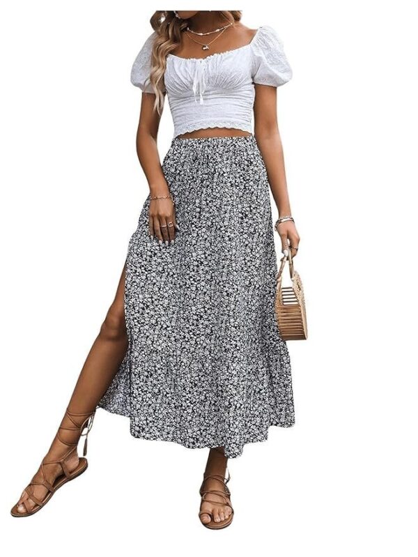 Rocks Women’s Casual High Waist Floral Print Skirt Split Thigh A Line Maxi Skirts